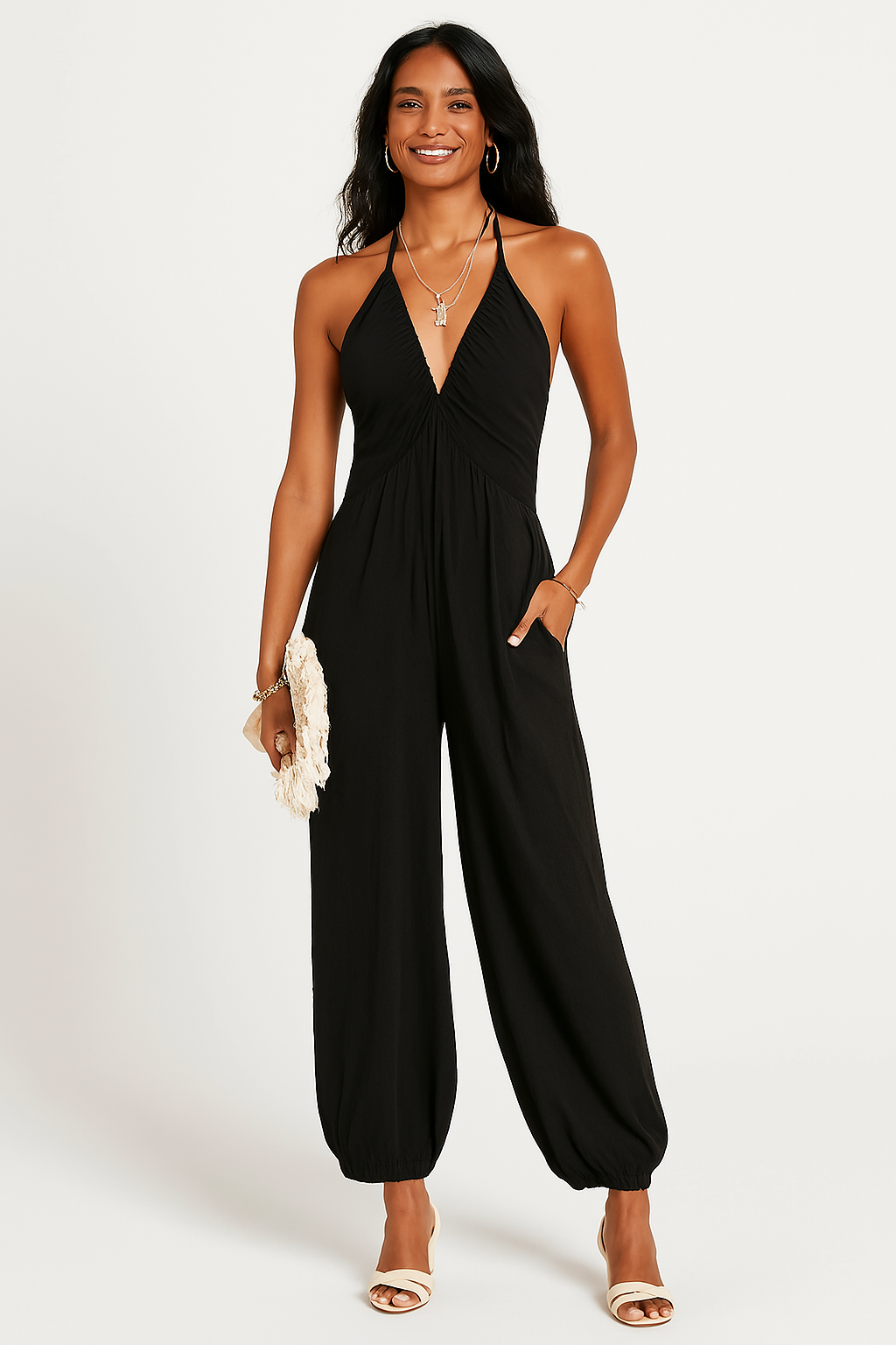Women’s Halter Jumpsuit – Lightweight Fabric – Deep V-Neck – Tapered Leg – Pockets