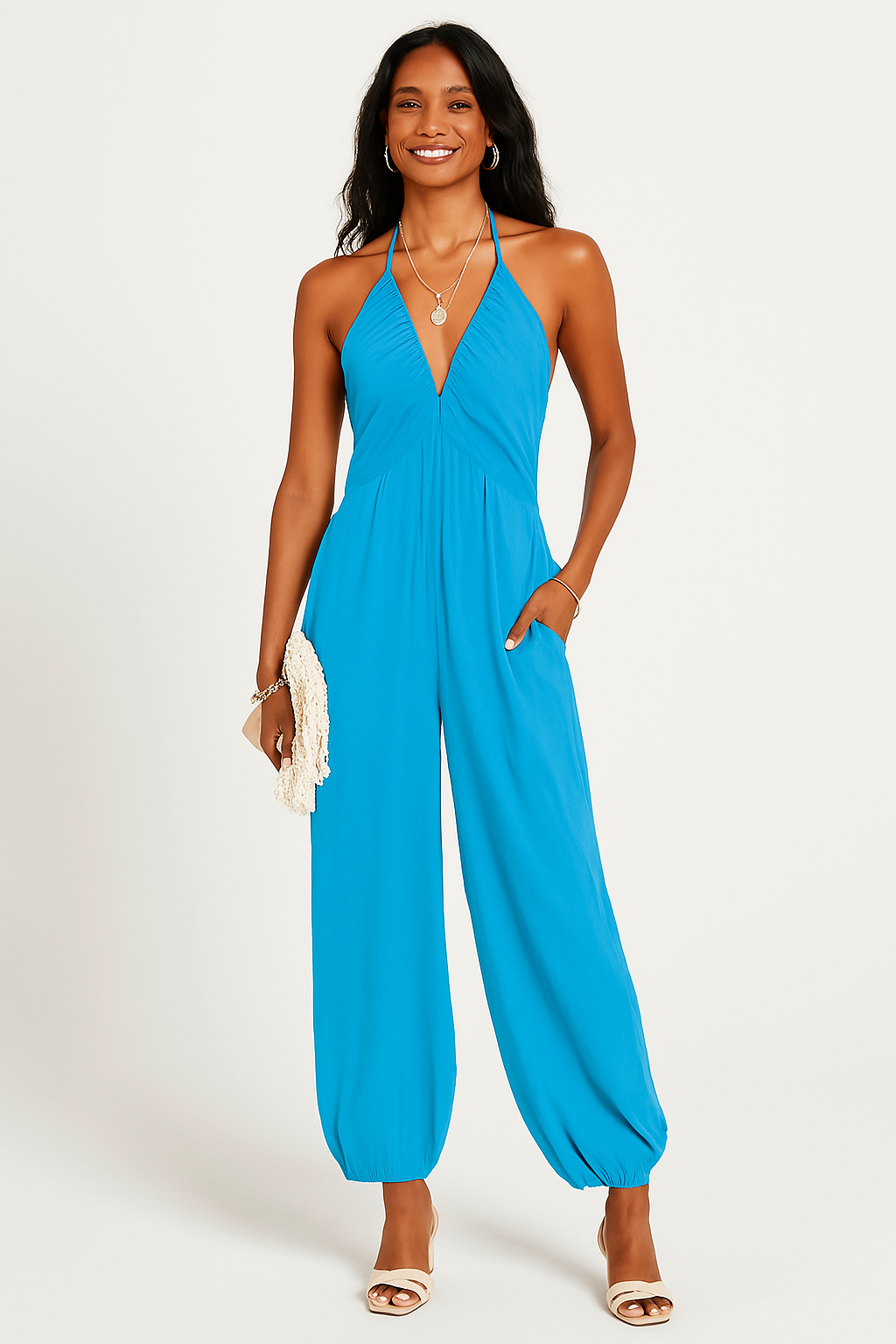 Women’s Halter Jumpsuit – Lightweight Fabric – Deep V-Neck – Tapered Leg – Pockets