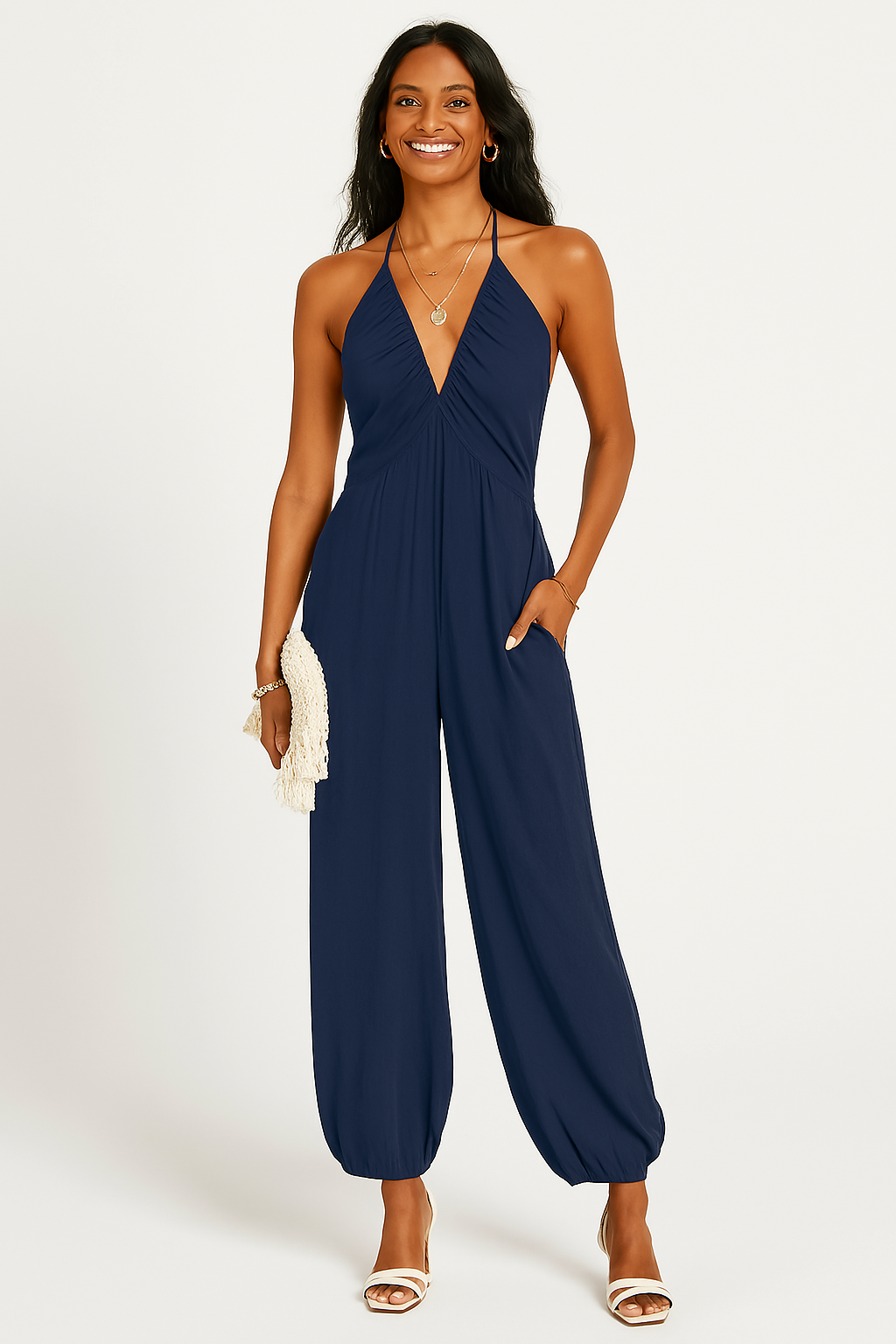 Women’s Halter Jumpsuit – Lightweight Fabric – Deep V-Neck – Tapered Leg – Pockets