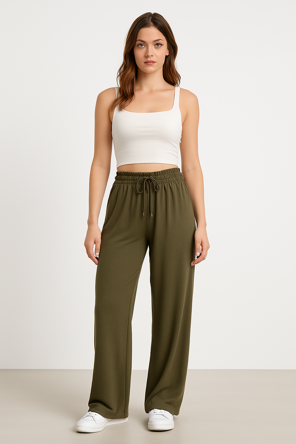 Women’s Wide-Leg Trousers – Lightweight Cotton Blend – Relaxed Fit – Drawstring Waist