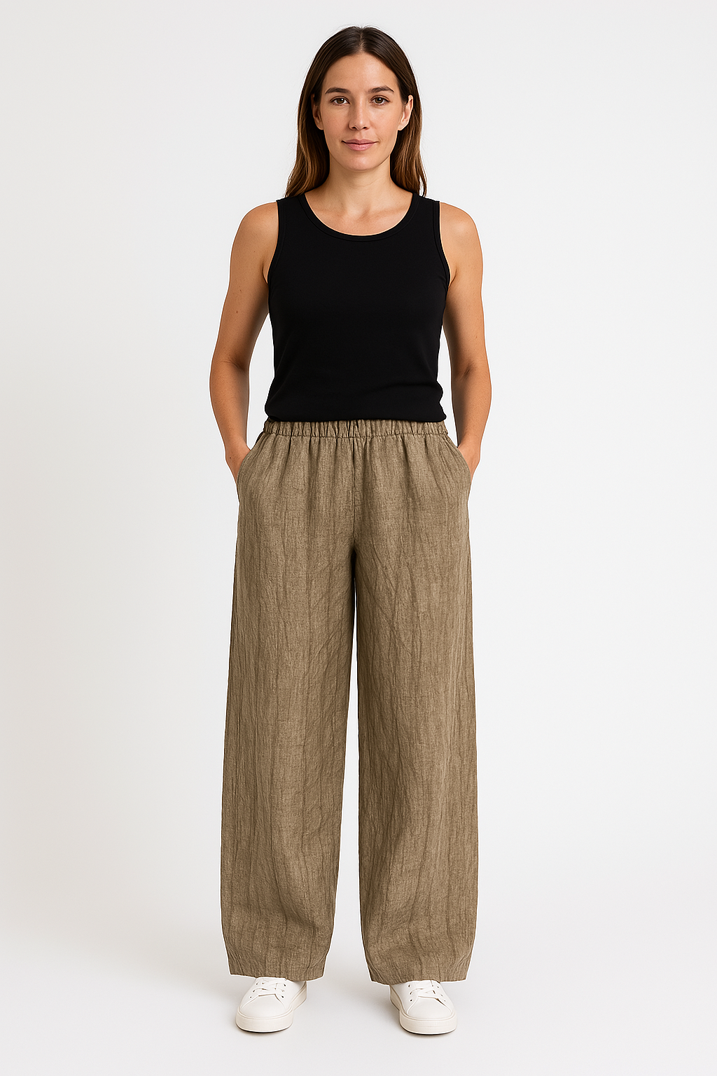 Women’s Casual Pants – Cotton Linen Blend – Relaxed Fit – Elastic Waist – Ankle Length