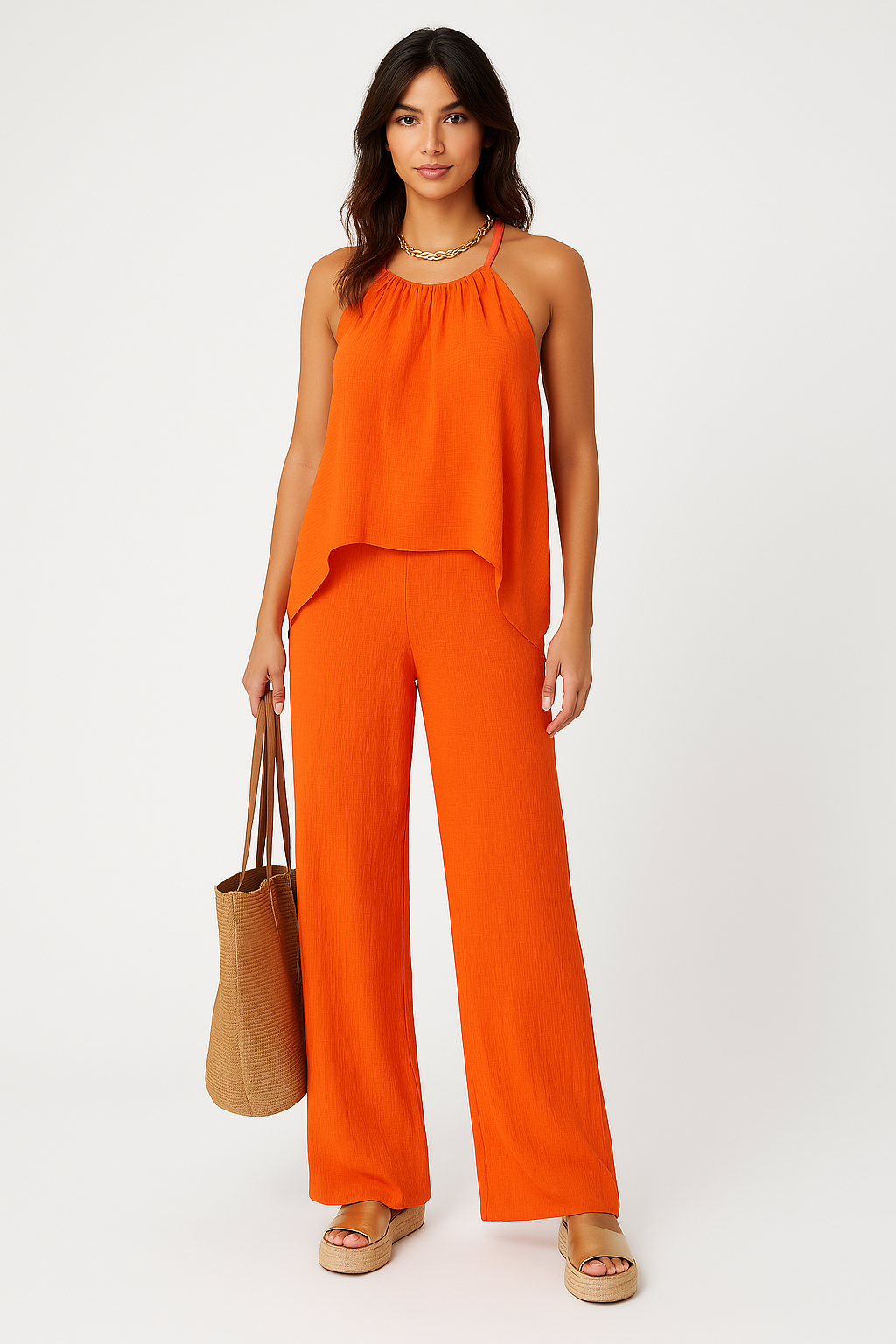 Women’s Halter Top and Wide Leg Pants Set – Asymmetric Drape – Relaxed Fit