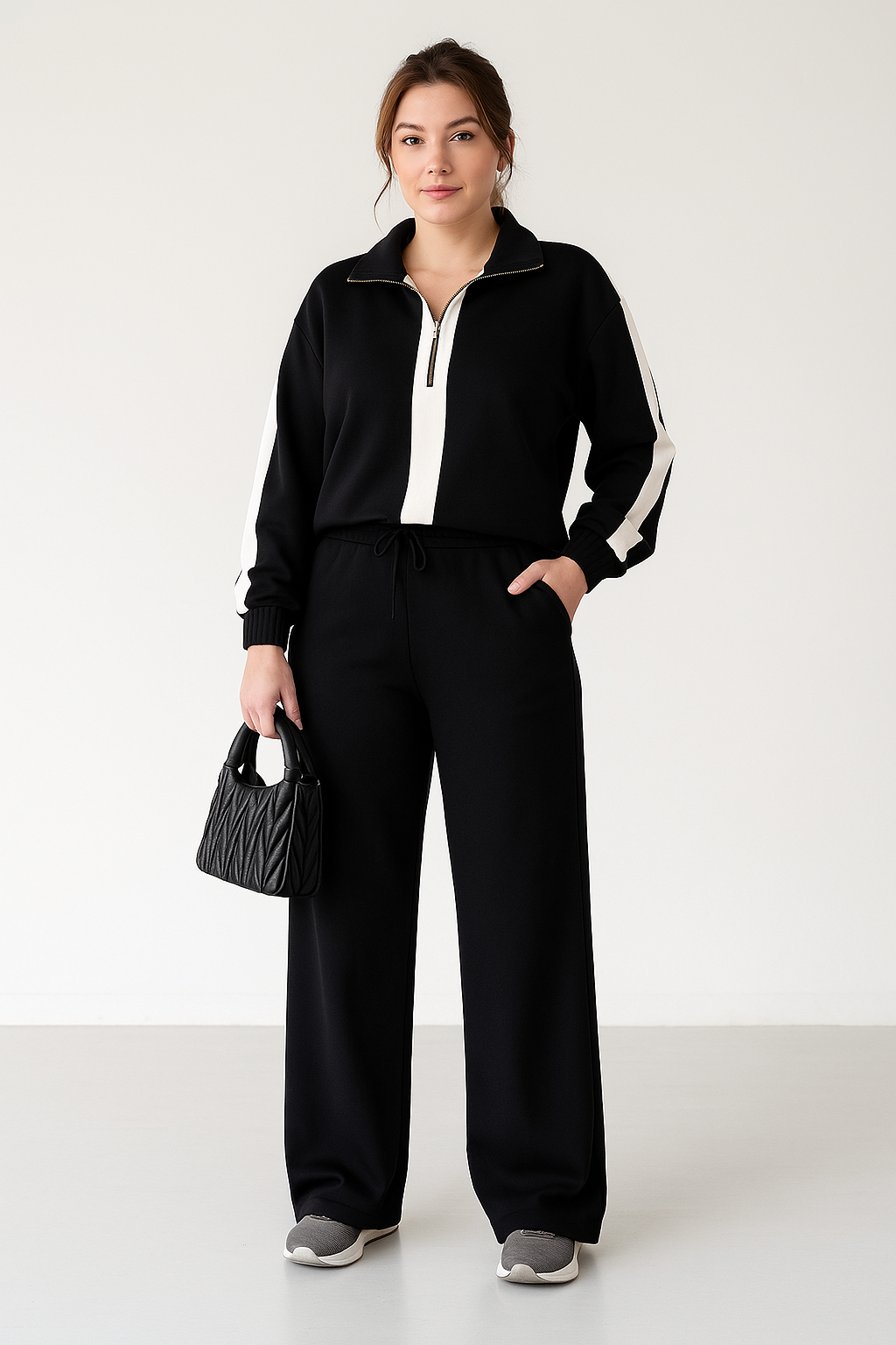 Women’s Two-Piece Set – Relaxed Fit Zip Collar Top & Wide-Leg Drawstring Pants