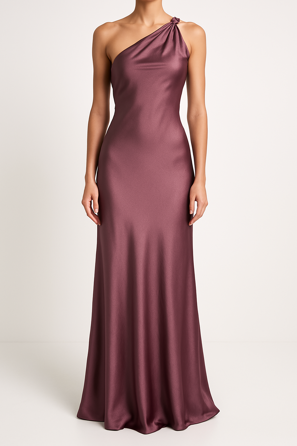Women’s Evening Gown – Satin Finish – Slim Fit – One Shoulder Draped Full Length