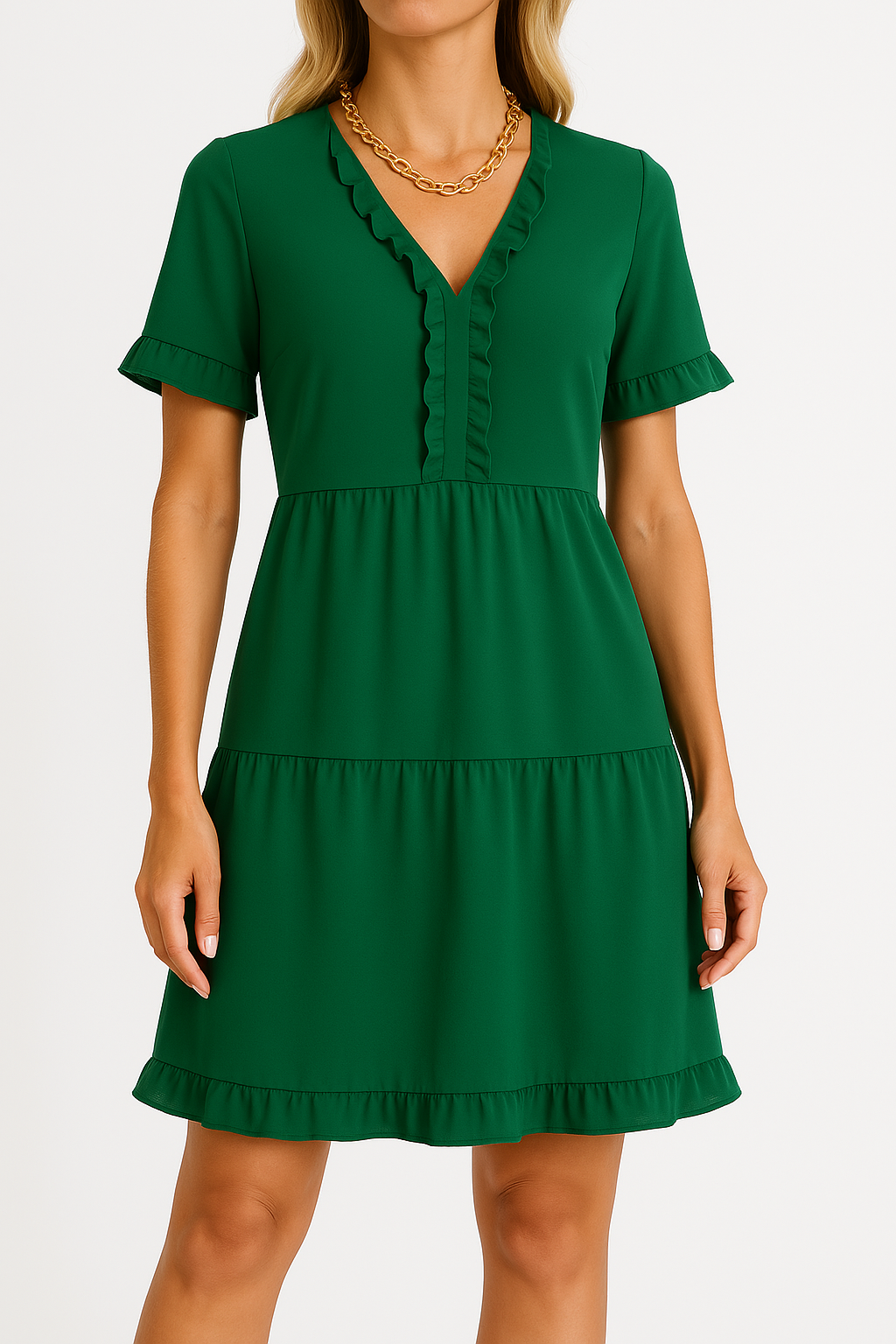 Women’s A-line Dress – V-neck – Ruffle Sleeves – Tiered – Relaxed Fit – Lightweight