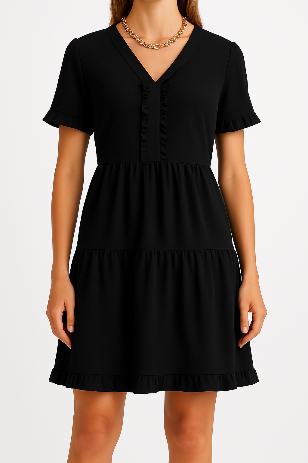 Women’s A-line Dress – V-neck – Ruffle Sleeves – Tiered – Relaxed Fit – Lightweight
