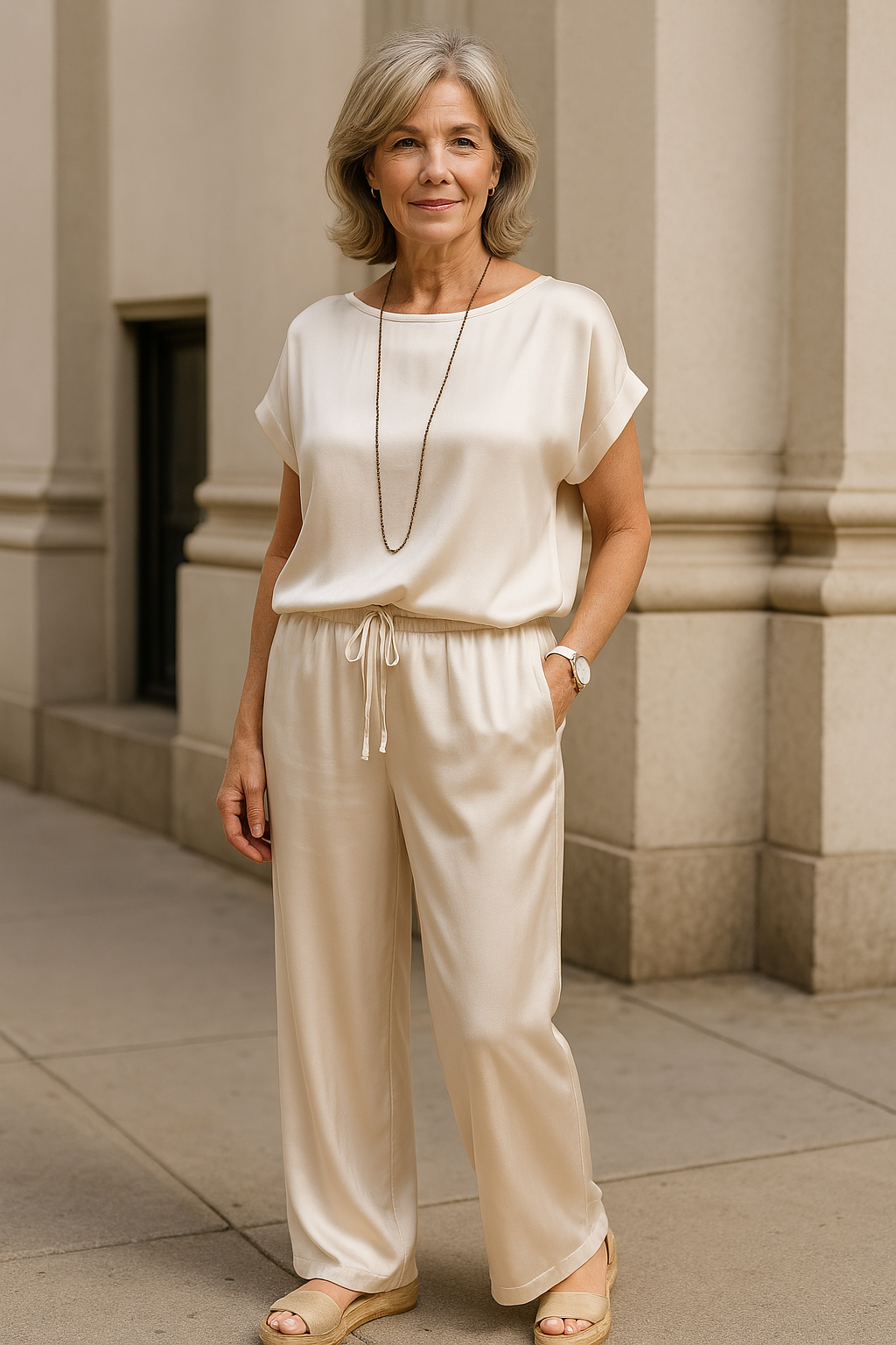 Women’s Two-Piece Set – Relaxed Fit – Wide-Leg Trousers – Short Sleeve Top – Soft Fabric