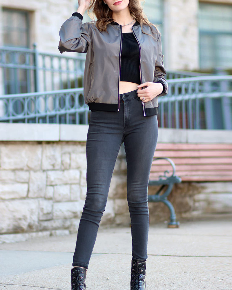 Women’s Bomber Jacket – Relaxed Fit – Breathable Blend – Zip Front – Ribbed Trim