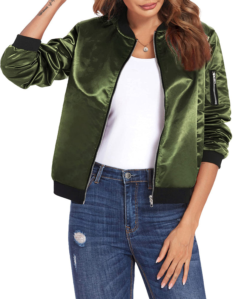 Women’s Bomber Jacket – Relaxed Fit – Breathable Blend – Zip Front – Ribbed Trim
