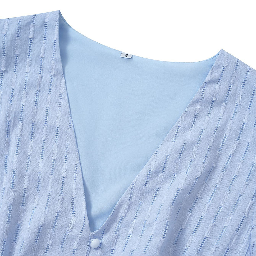 Women's Midi Dress - V-Neck - Short Ruffle Sleeves - Button Front - Cinched Waist