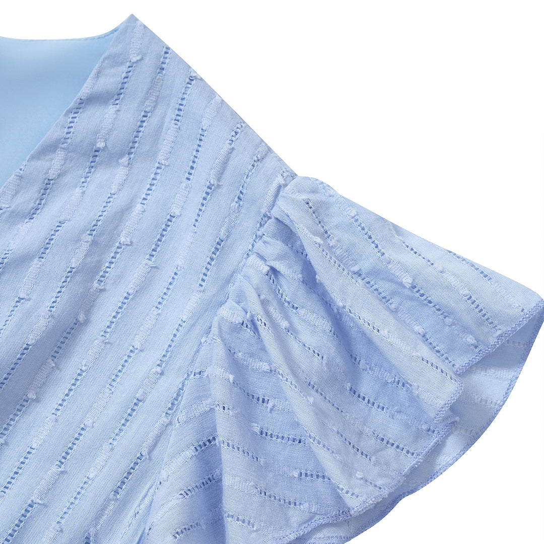 Women's Midi Dress - V-Neck - Short Ruffle Sleeves - Button Front - Cinched Waist
