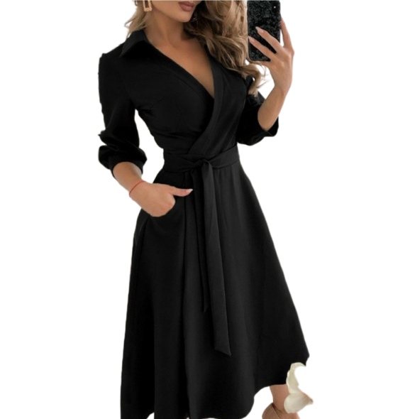 Women’s Wrap Dress - V-Neckline - Fitted Waist with Sash - Three-Quarter Sleeve Midi