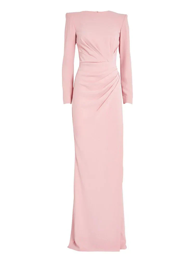 Women's Evening Gown - Long Sleeve - High Neck - Wrap Style - Floor-Length Slit