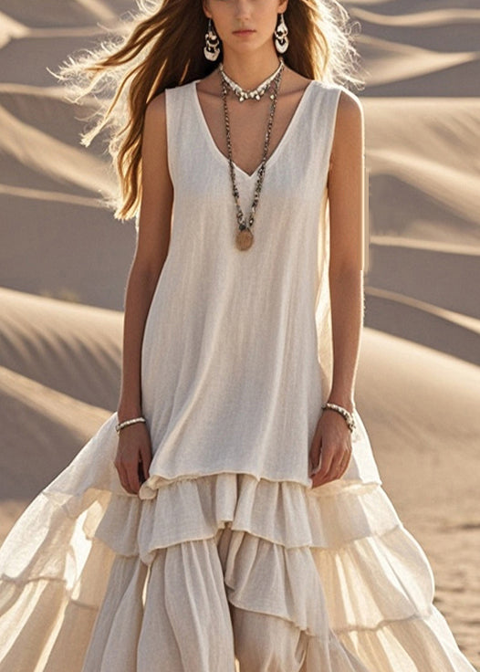 Women’s Maxi Dress – Natural Fibers – Relaxed Fit – Sleeveless Tiered Hem
