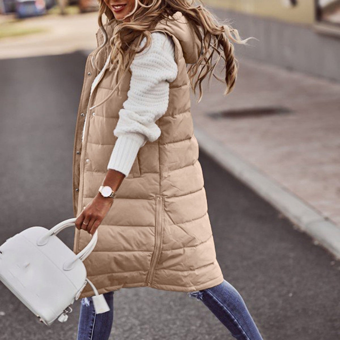 Women’s Long Bodywarmer – Oversized Fit – Quilted Padded – Hooded Pull-On Style