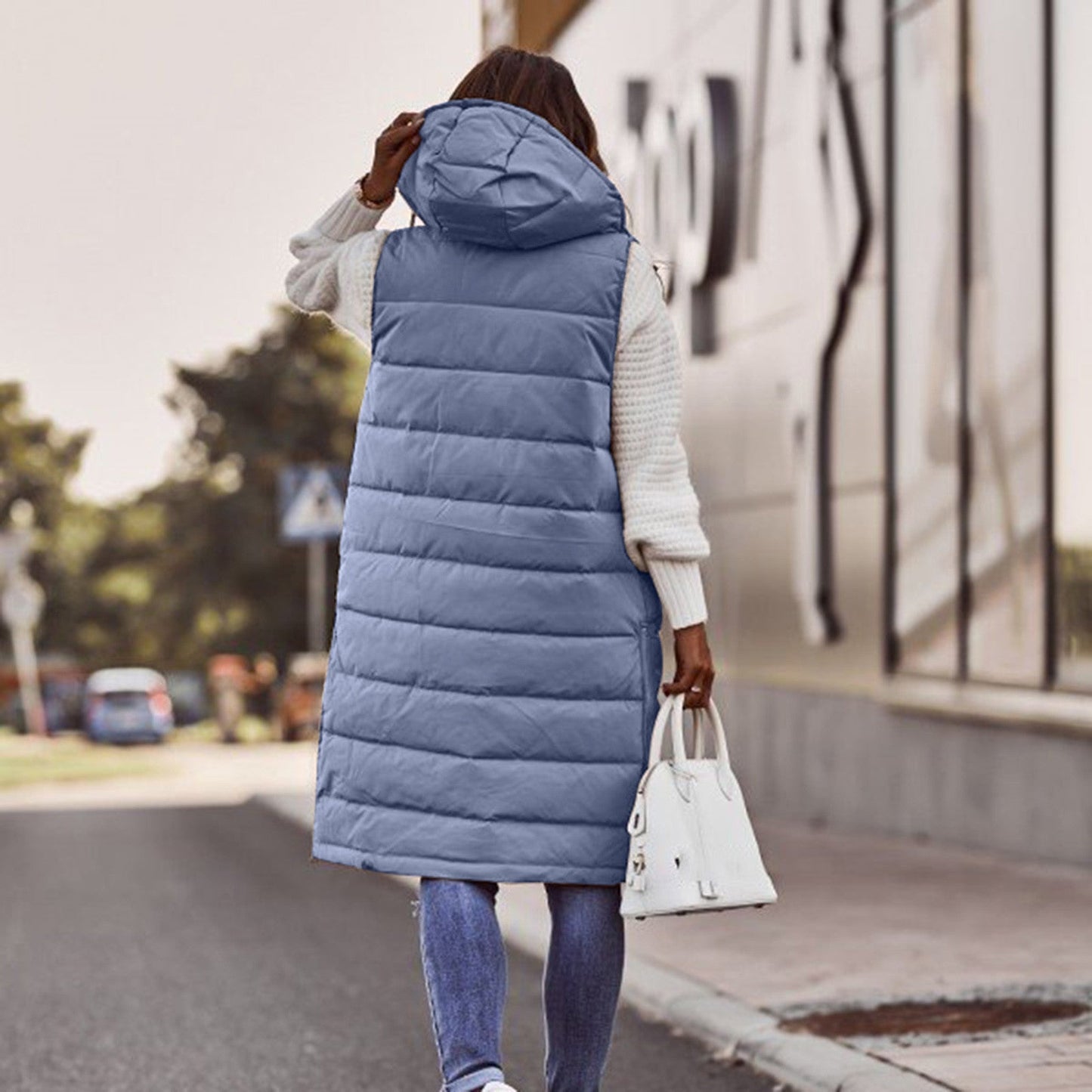 Women’s Long Bodywarmer – Oversized Fit – Quilted Padded – Hooded Pull-On Style