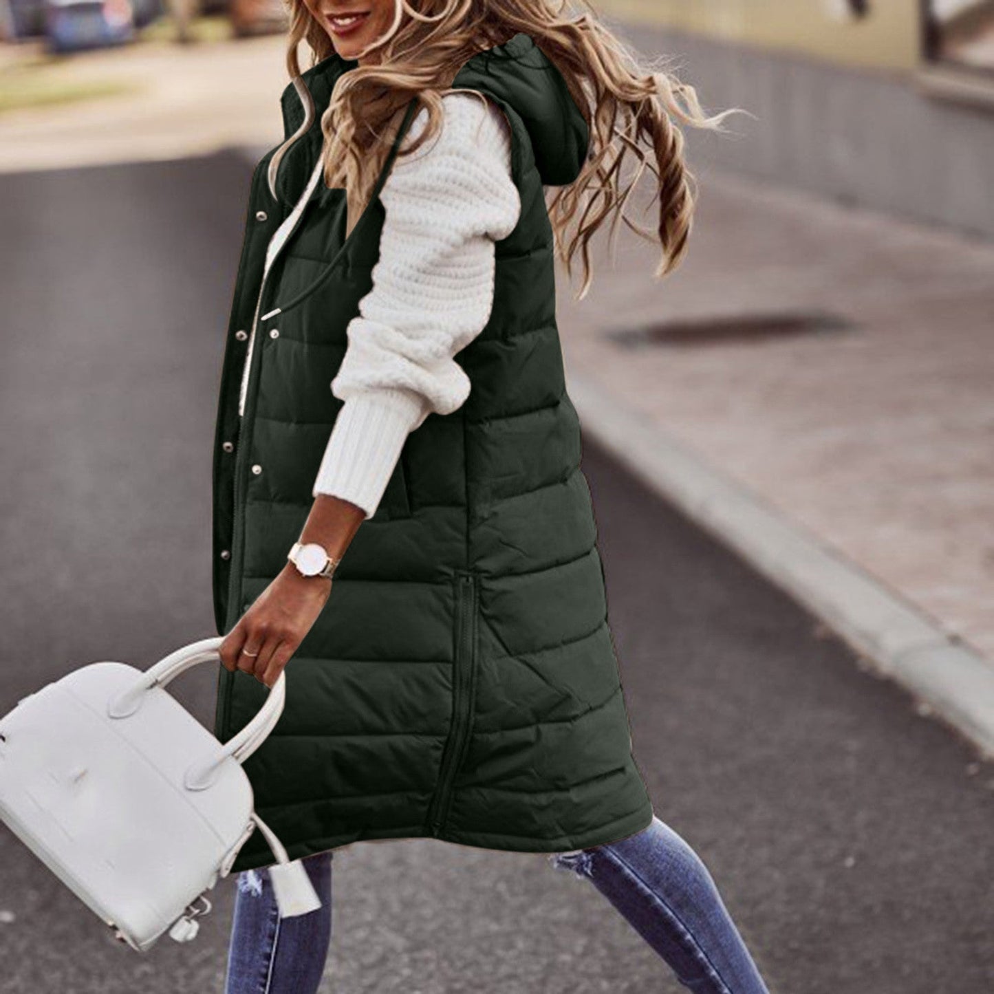 Women’s Long Bodywarmer – Oversized Fit – Quilted Padded – Hooded Pull-On Style