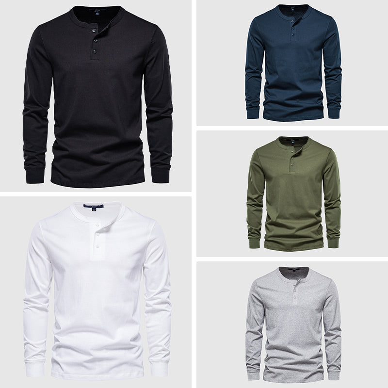 Men's Henley Shirt - Long Sleeve - Three-Button Placket - Breathable Fabric