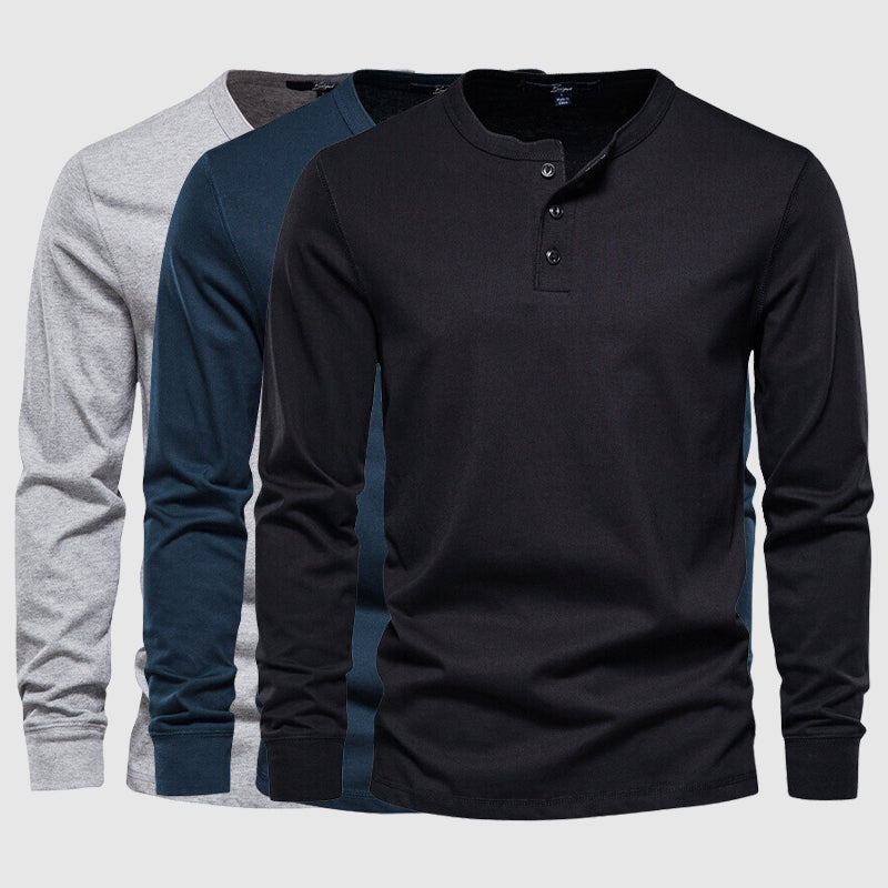 Men's Henley Shirt - Long Sleeve - Three-Button Placket - Breathable Fabric
