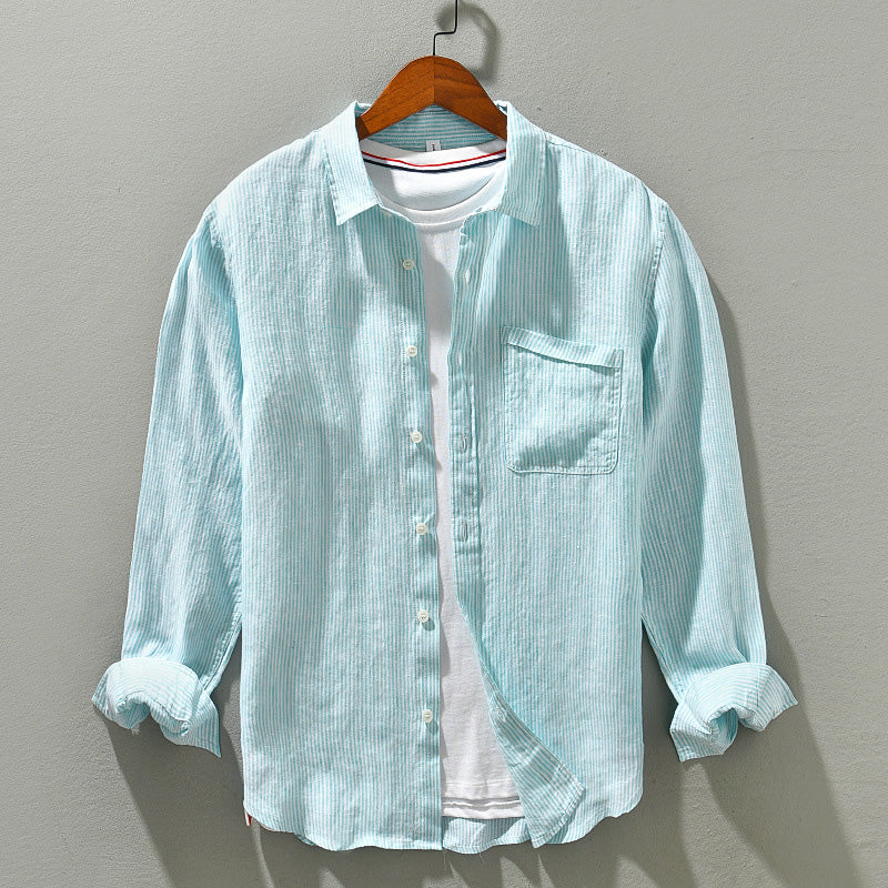 Men’s Button-Up Shirt - Cotton Linen Blend - Textured Pattern - Long Sleeve Casual Wear