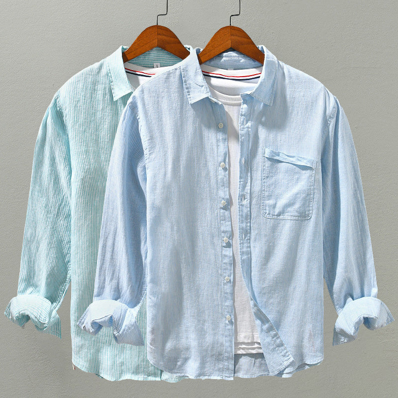 Men’s Button-Up Shirt - Cotton Linen Blend - Textured Pattern - Long Sleeve Casual Wear
