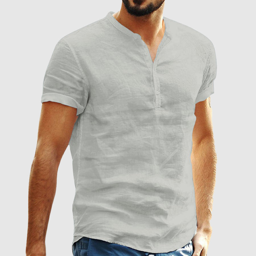 Men’s Henley Shirt - Linen Cotton Blend - Short Sleeve - Relaxed Fit Breathable Casual Wear