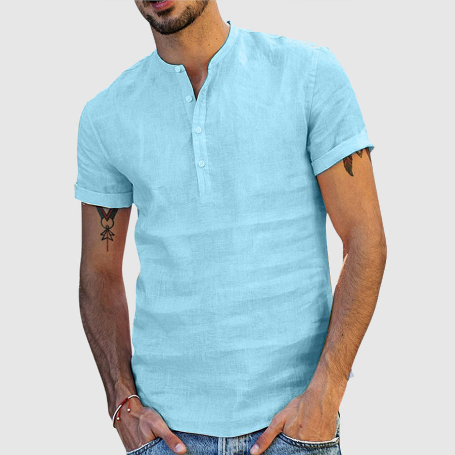 Men’s Henley Shirt - Linen Cotton Blend - Short Sleeve - Relaxed Fit Breathable Casual Wear