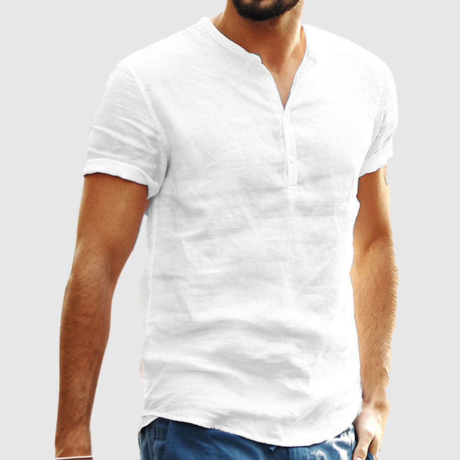 Men’s Henley Shirt - Linen Cotton Blend - Short Sleeve - Relaxed Fit Breathable Casual Wear