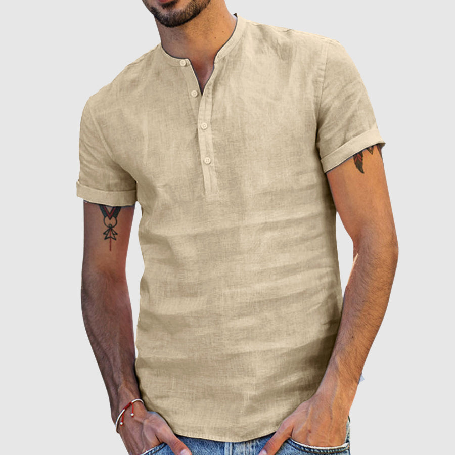 Men’s Henley Shirt - Linen Cotton Blend - Short Sleeve - Relaxed Fit Breathable Casual Wear