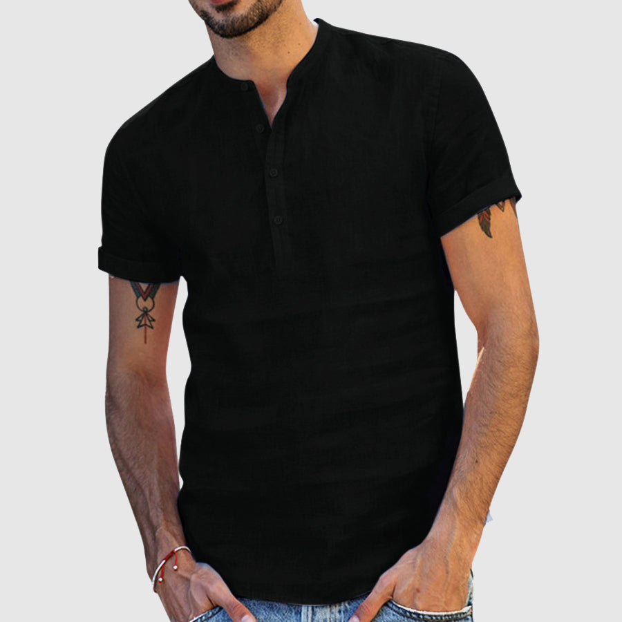 Men’s Henley Shirt - Linen Cotton Blend - Short Sleeve - Relaxed Fit Breathable Casual Wear
