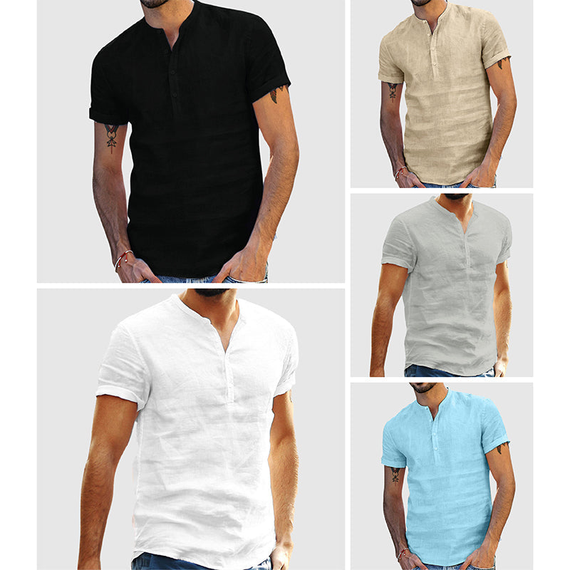 Men’s Henley Shirt - Linen Cotton Blend - Short Sleeve - Relaxed Fit Breathable Casual Wear