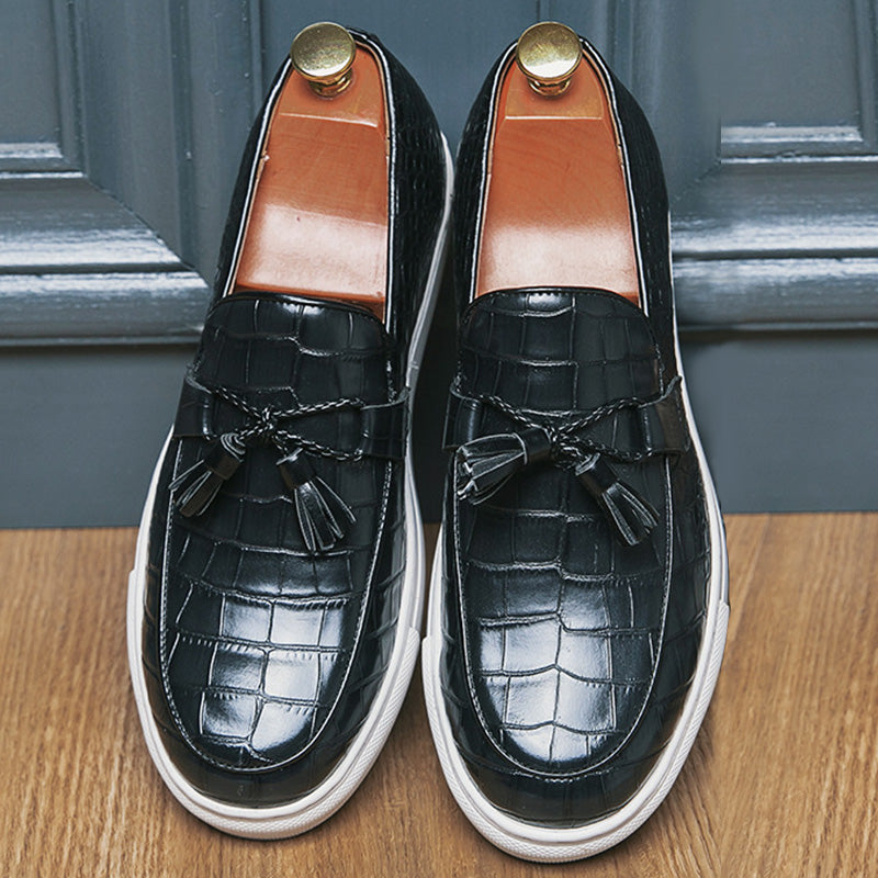Men’s Leather Loafers – Embossed Croc Pattern – Tassel Detail – Slip-On Formal Shoes