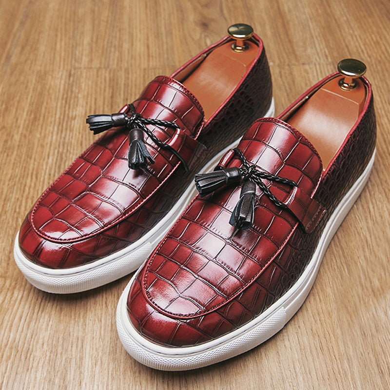 Men’s Leather Loafers – Embossed Croc Pattern – Tassel Detail – Slip-On Formal Shoes