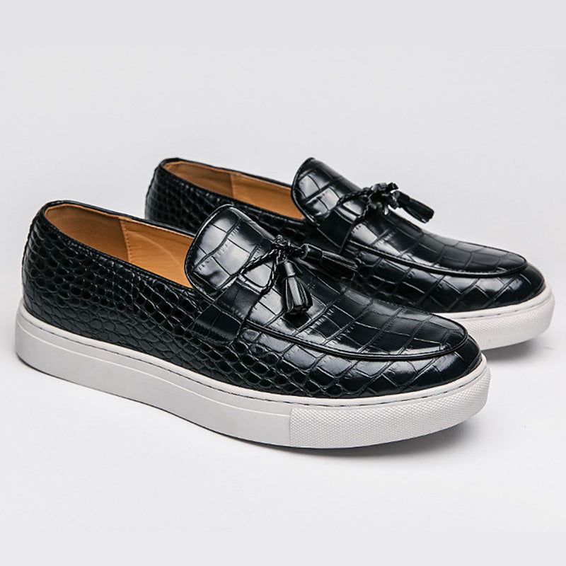 Men’s Leather Loafers – Embossed Croc Pattern – Tassel Detail – Slip-On Formal Shoes