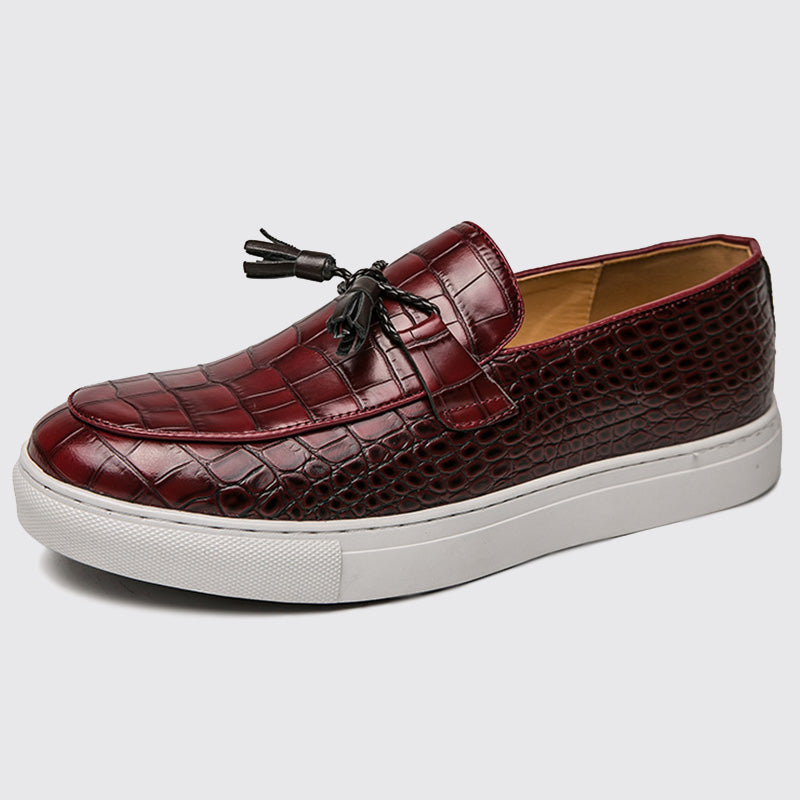Men’s Leather Loafers – Embossed Croc Pattern – Tassel Detail – Slip-On Formal Shoes