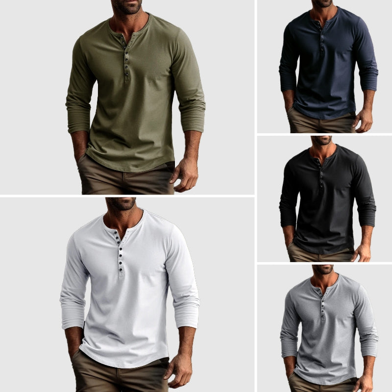 Men’s Henley Shirt - Long Sleeve - Regular Fit - Button Placket - Breathable Cotton