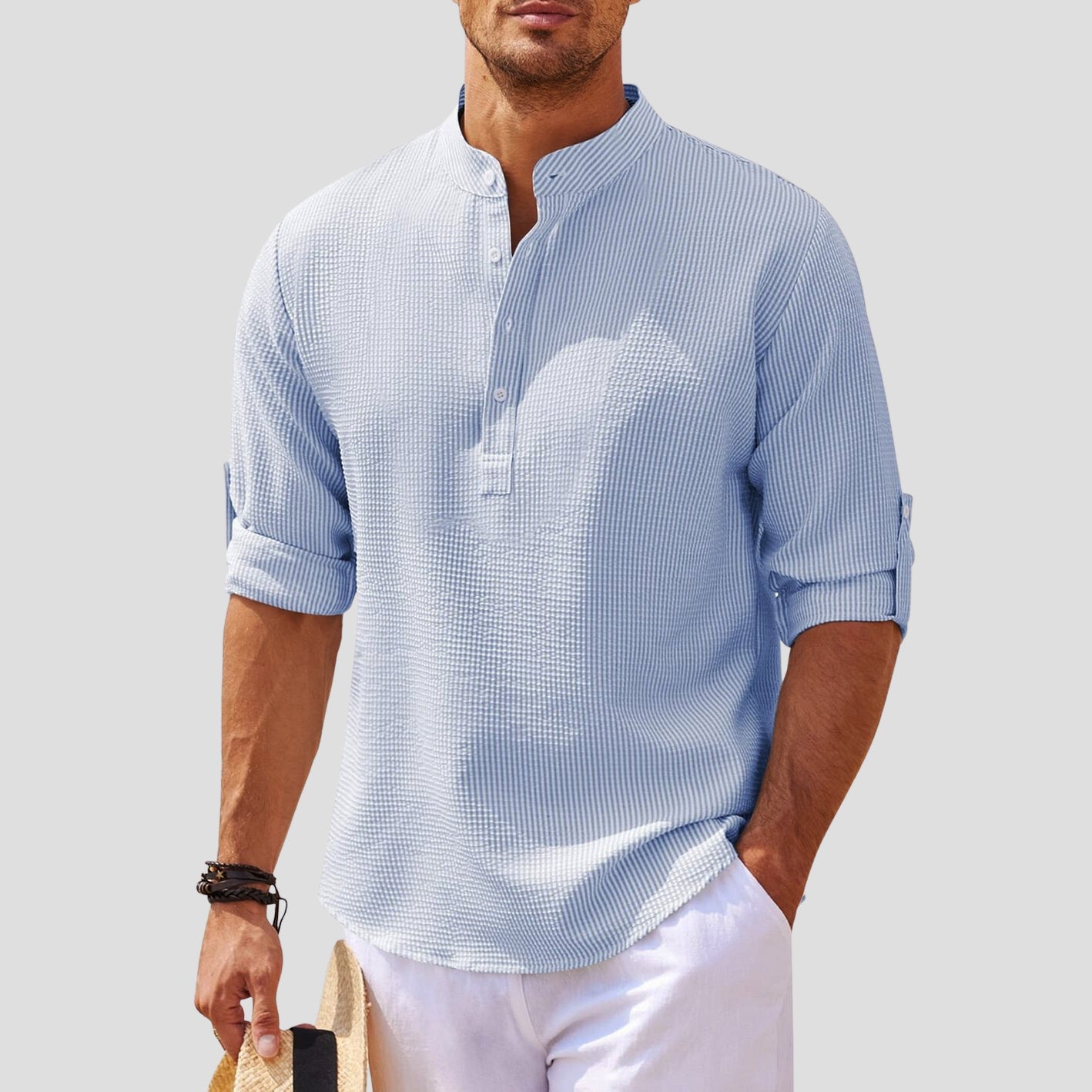 Men’s Henley Shirt - Mandarin Collar - Long Sleeve - Breathable Relaxed Fit