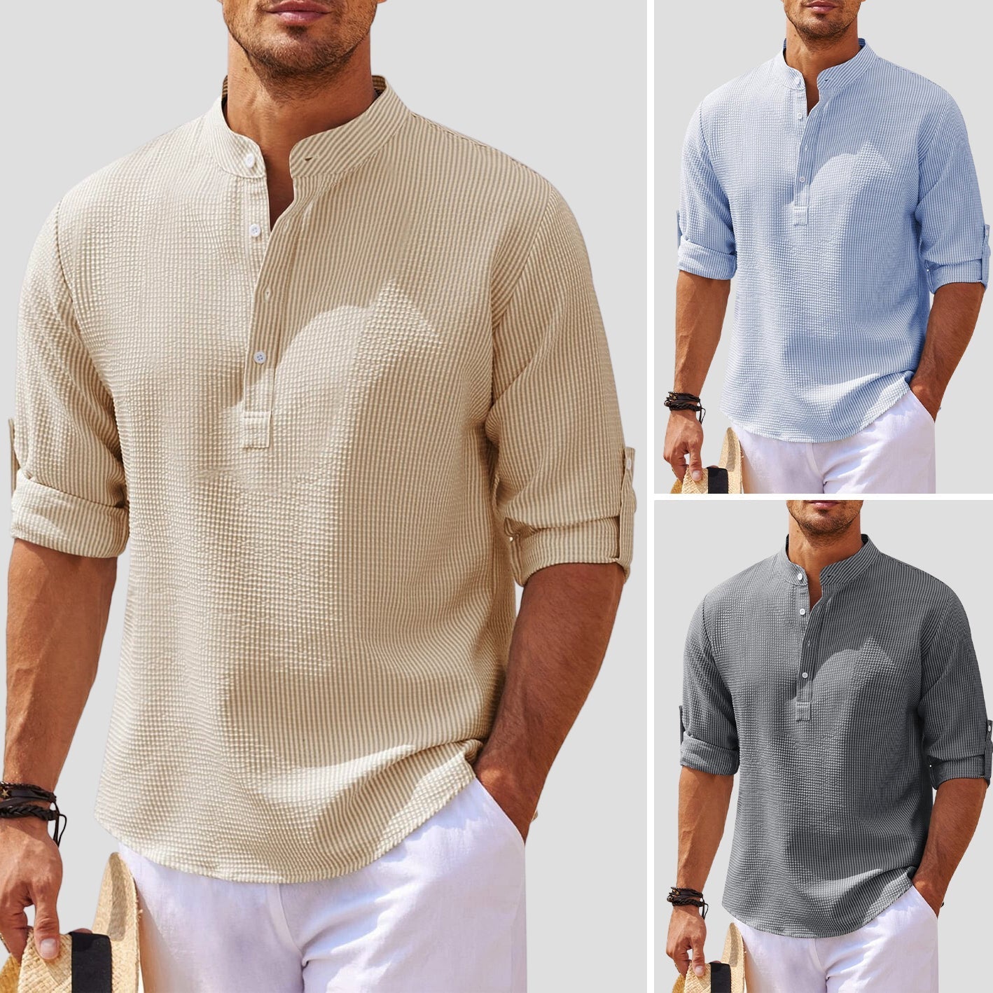 Men’s Henley Shirt - Mandarin Collar - Long Sleeve - Breathable Relaxed Fit
