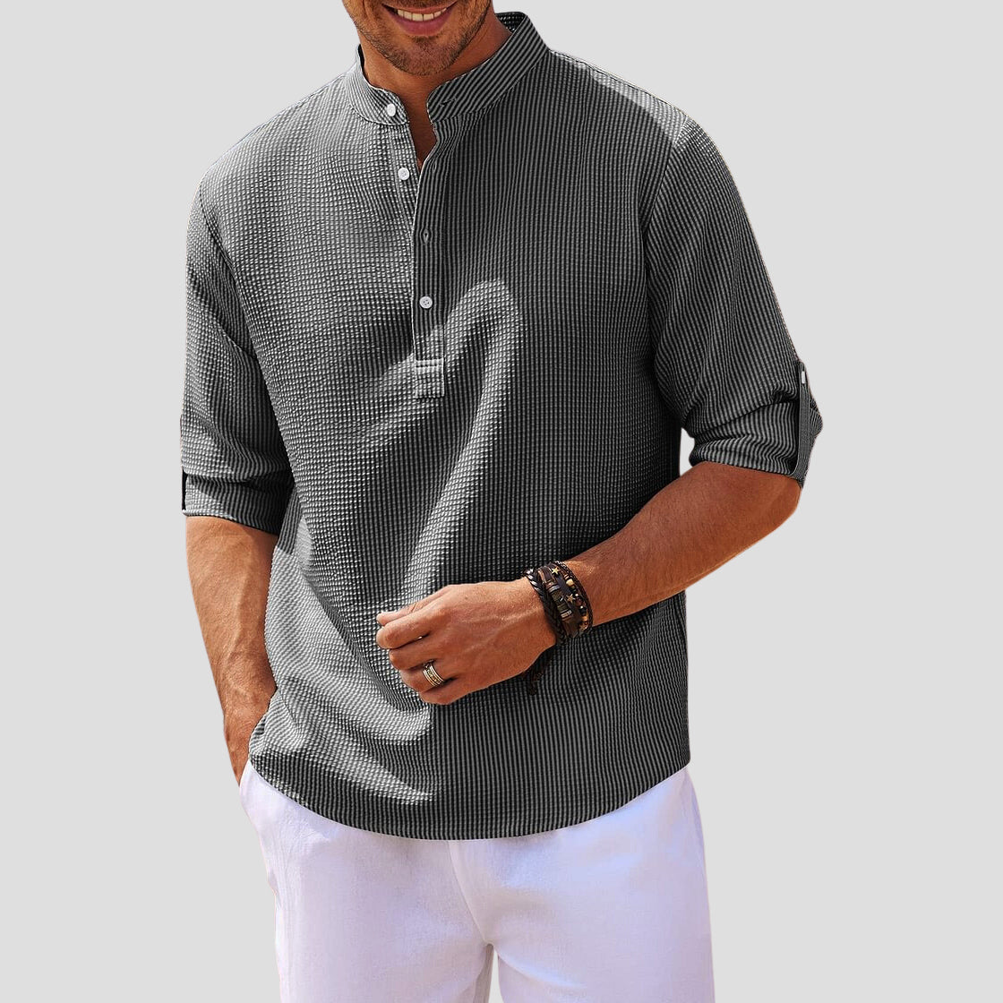 Men’s Henley Shirt - Mandarin Collar - Long Sleeve - Breathable Relaxed Fit