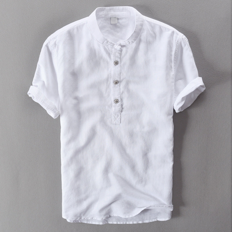 Men’s Linen Shirt - Mandarin Collar - Short Sleeve - Lightweight Casual Wear