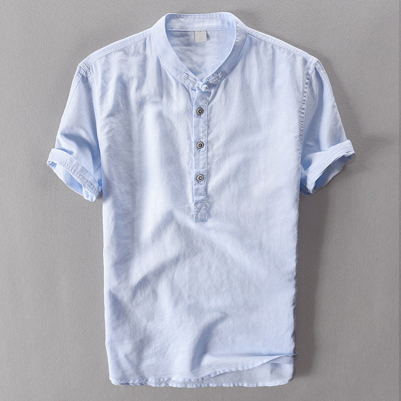 Men’s Linen Shirt - Mandarin Collar - Short Sleeve - Lightweight Casual Wear