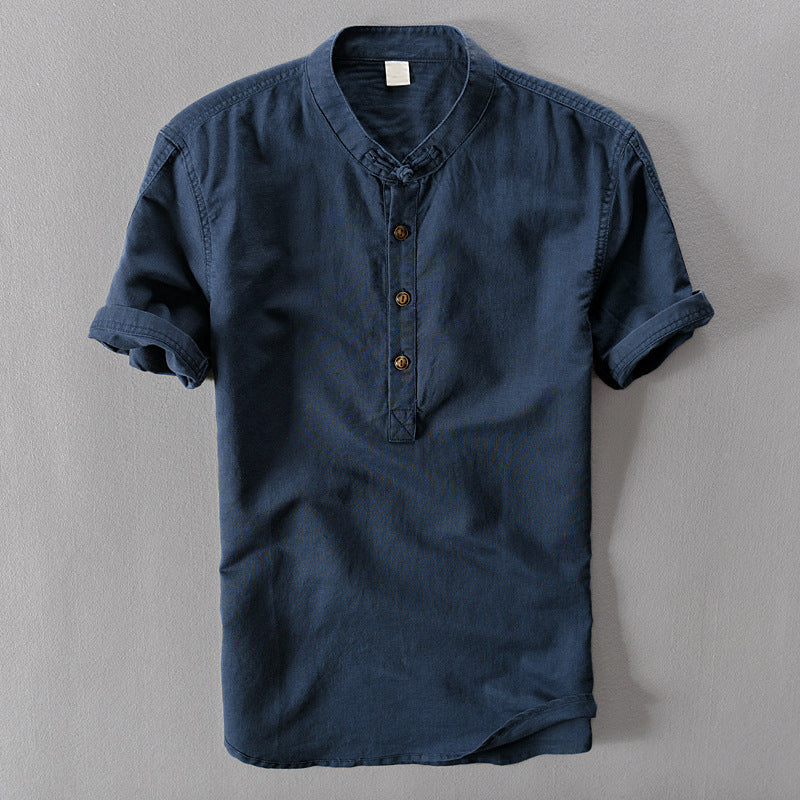 Men’s Linen Shirt - Mandarin Collar - Short Sleeve - Lightweight Casual Wear