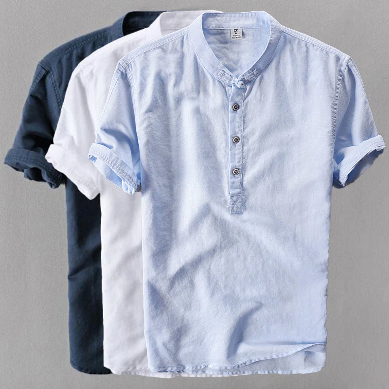 Men’s Linen Shirt - Mandarin Collar - Short Sleeve - Lightweight Casual Wear