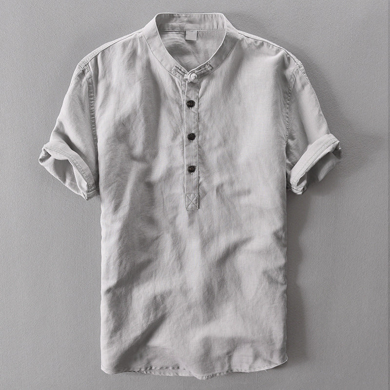 Men’s Linen Shirt - Mandarin Collar - Short Sleeve - Lightweight Casual Wear