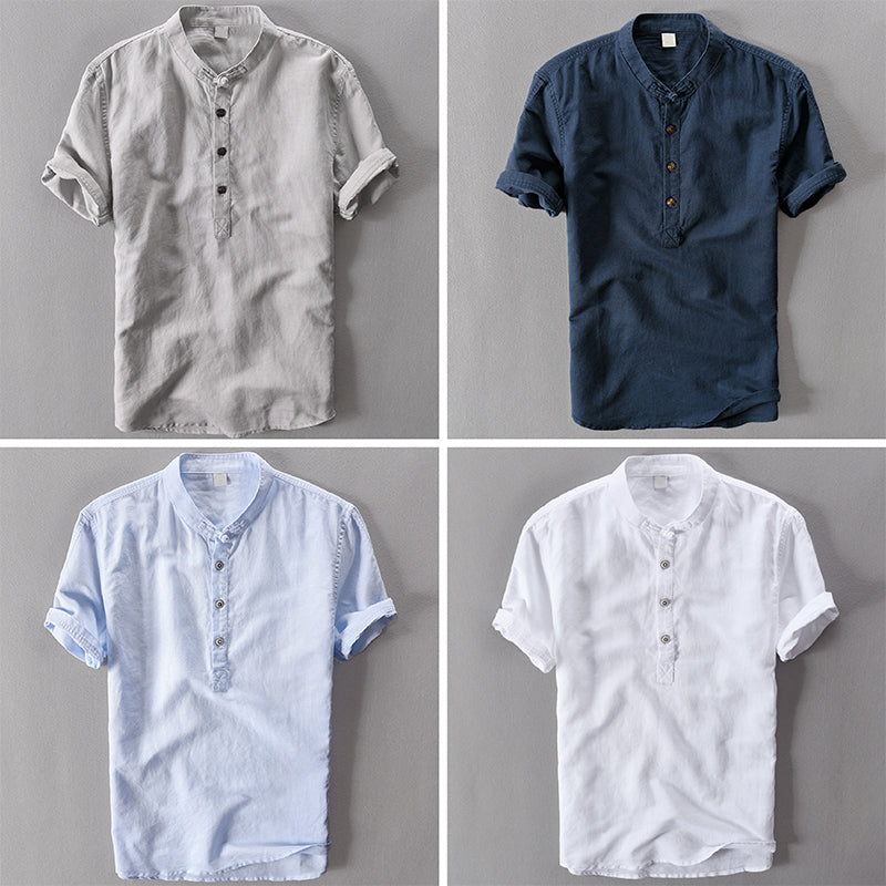 Men’s Linen Shirt - Mandarin Collar - Short Sleeve - Lightweight Casual Wear