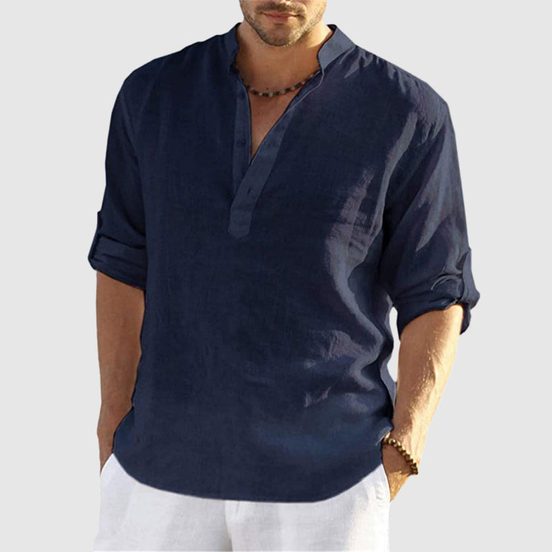 Men’s Linen Shirt - Relaxed Fit - Long Sleeve - Mandarin Collar - Breathable Casual Wear