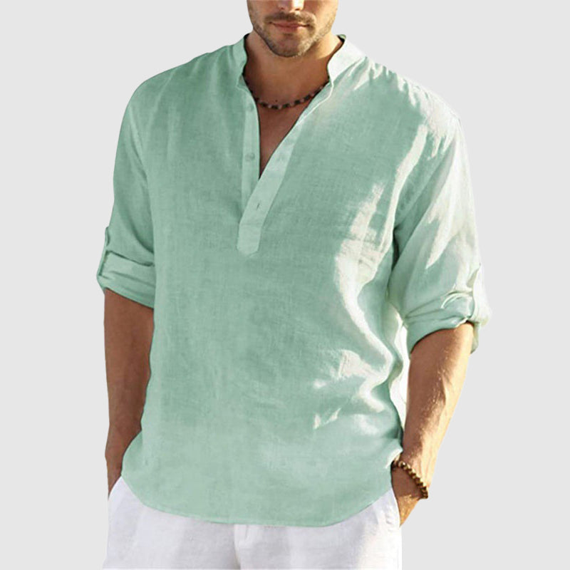 Men’s Linen Shirt - Relaxed Fit - Long Sleeve - Mandarin Collar - Breathable Casual Wear