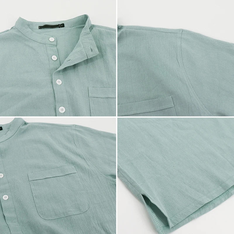 Men’s Linen Shirt - Relaxed Fit - Long Sleeve - Mandarin Collar - Breathable Casual Wear