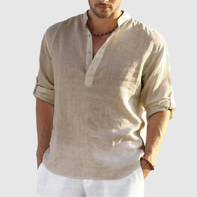 Men’s Linen Shirt - Relaxed Fit - Long Sleeve - Mandarin Collar - Breathable Casual Wear