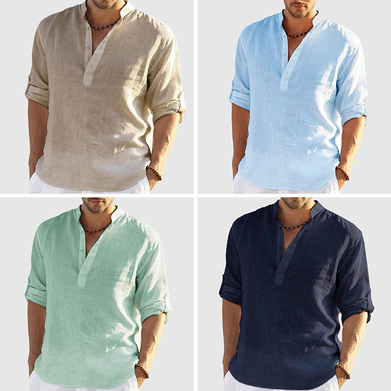 Men’s Linen Shirt - Relaxed Fit - Long Sleeve - Mandarin Collar - Breathable Casual Wear